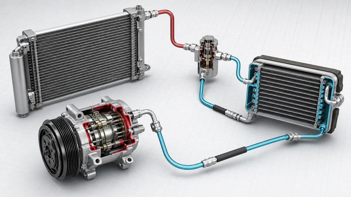 Technical illustration for Air conditioning system components.