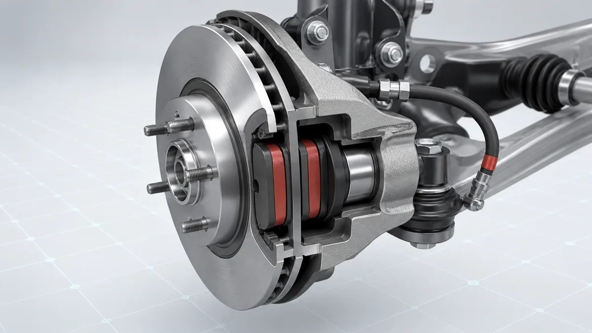 Technical illustration for Brake pads, rotors and calipers.
