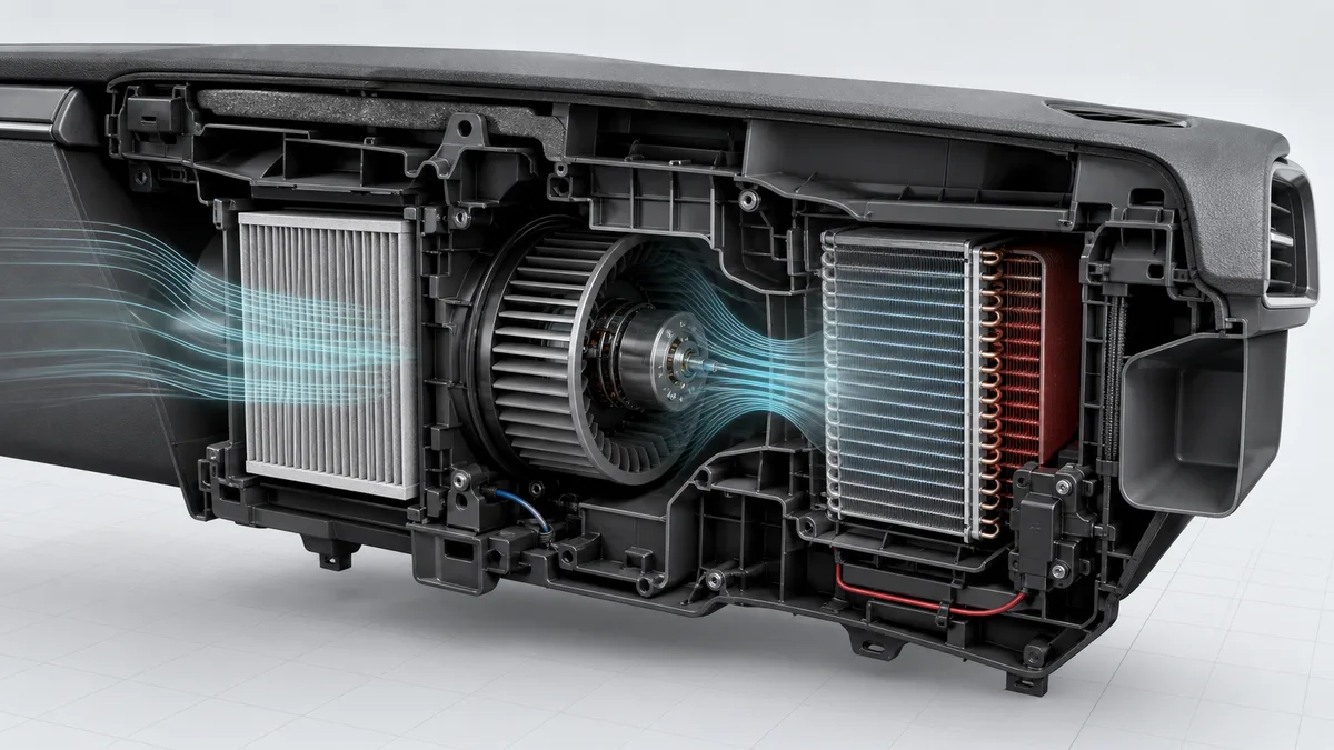 Technical illustration for Cabin air filter and blower motor.