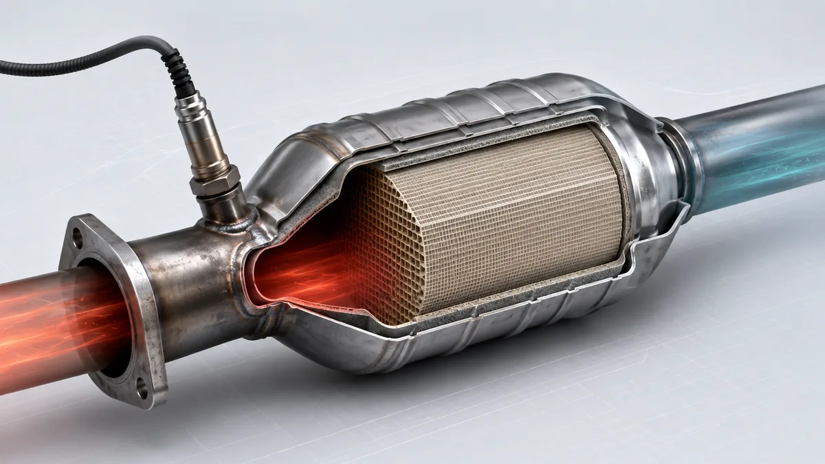 Cutaway illustration of a catalytic converter showing the metal housing, ceramic honeycomb substrate and the exhaust path through the catalyst core.