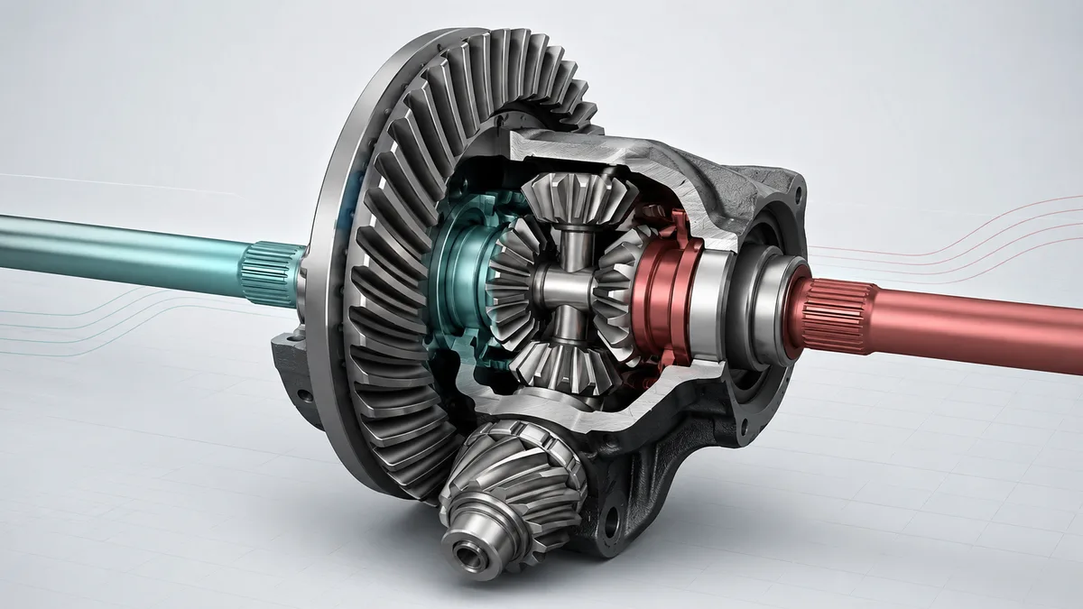 Cutaway illustration of an open differential showing the ring gear, drive pinion and spider gears that allow the two axle shafts to turn at different speeds.