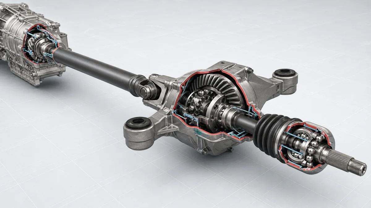 Technical illustration for Drive shaft and CV joint.