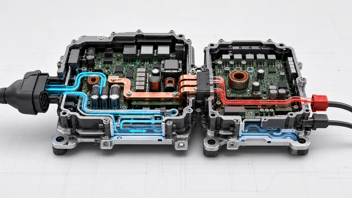 Technical illustration for EV DC/DC converter and onboard charger.