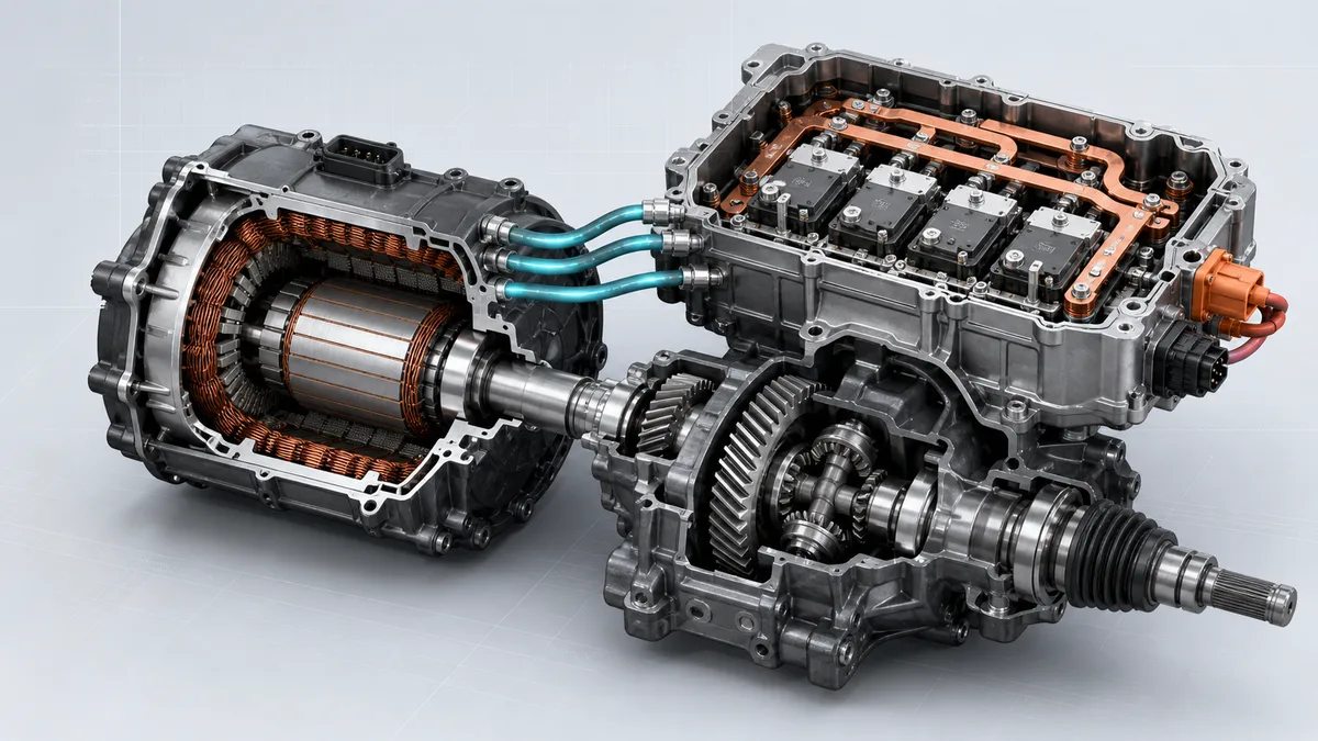 Technical illustration for EV traction motor and inverter.