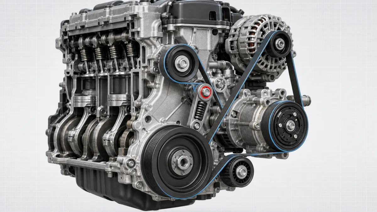 Technical illustration for Serpentine belt and tensioner.