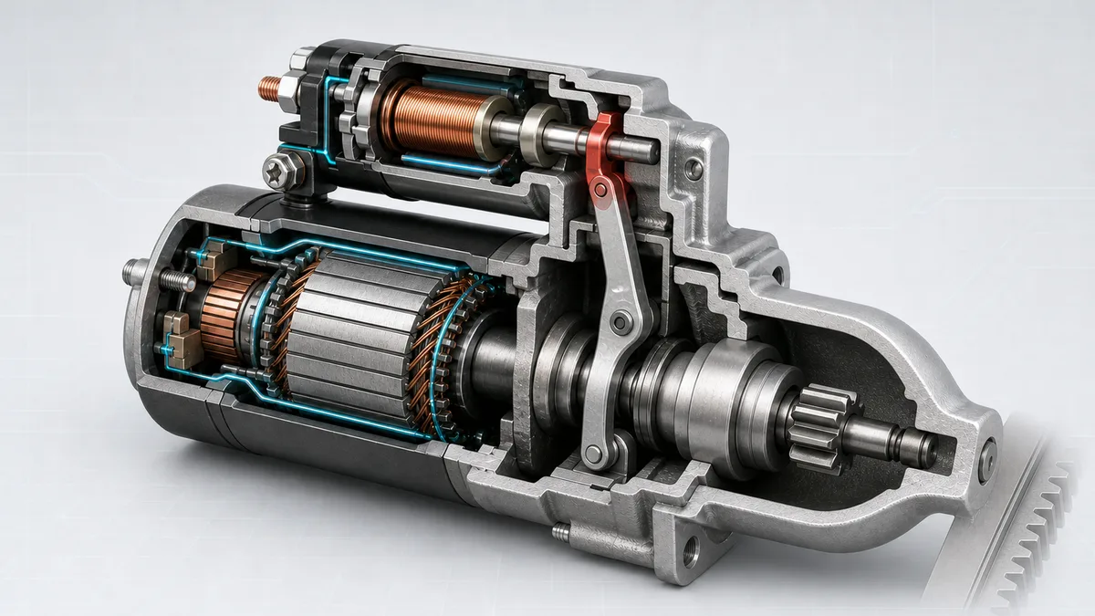 Cutaway illustration of a pre-engaged starter: the solenoid plunger moves the drive lever and a single pinion toward the flywheel ring gear, while the motor armature and brushes remain visible.